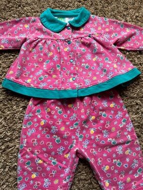 Vintage Y2K McBaby Baby Girl Outfit 6-9M 100% Cotton Pink Teal Fruit Print Set